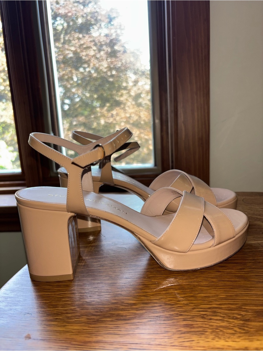 Stuart Weitzman Beige Cross-Strap Block Heel Sandals